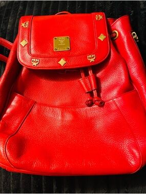 MCM Bright Red Leather Logo-Stud Drawstring Backpack
